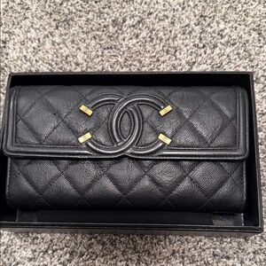 CHANEL Black Filigree long wallet